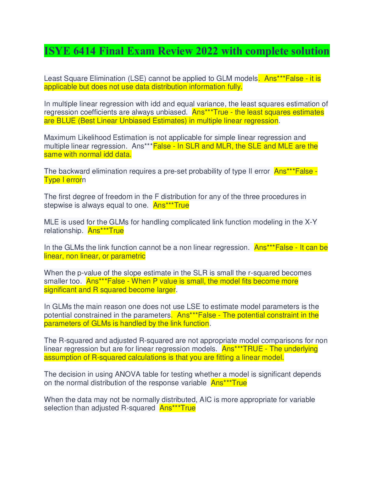 Preview image for ISYE 6414 Final Exam Review 2022 with complete solution